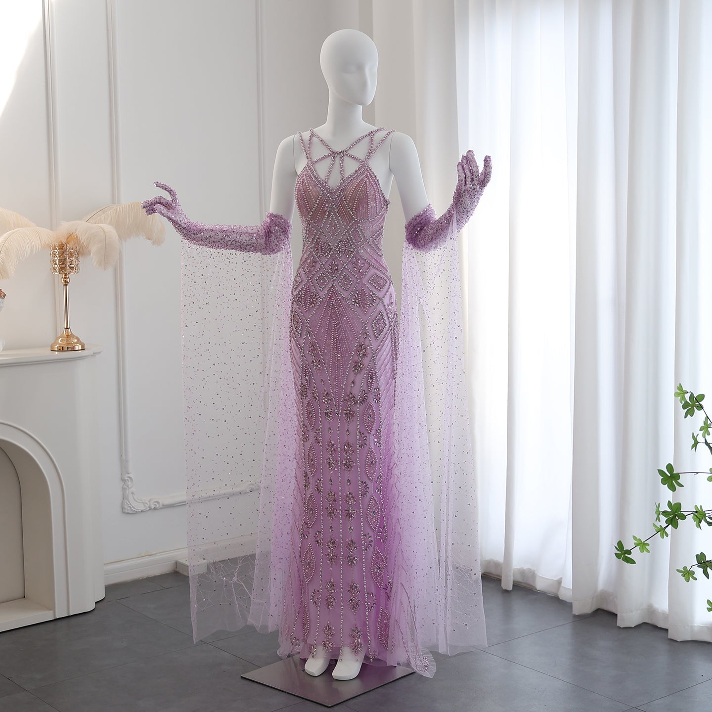Luxury Beaded Lilac Long Straight Evening Dress with Gloves SS437