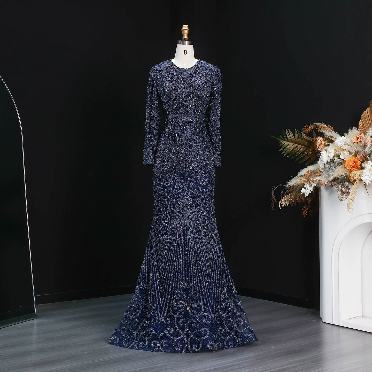 Luxury Dark Green Long Sleeve Beaded Mermaid Evening Dress SS056