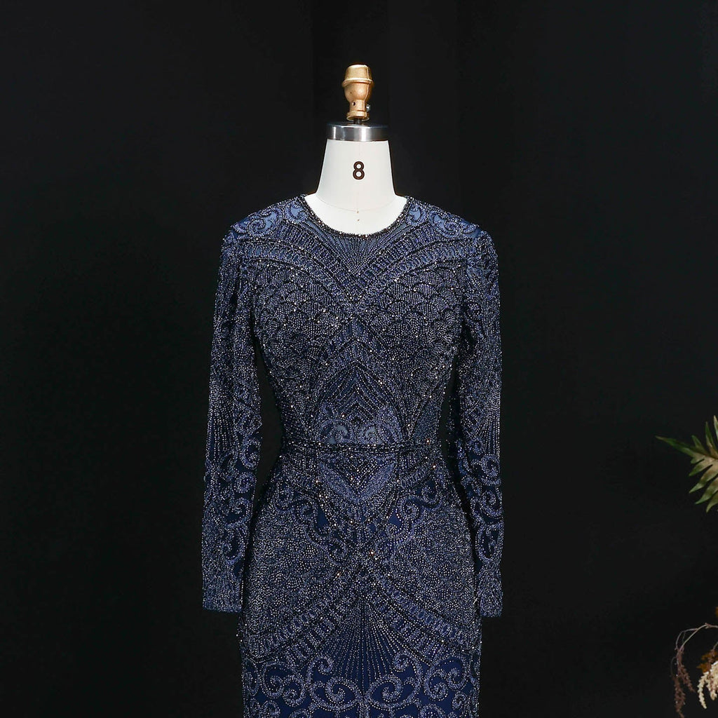Luxury Dark Green Long Sleeve Beaded Mermaid Evening Dress SS056