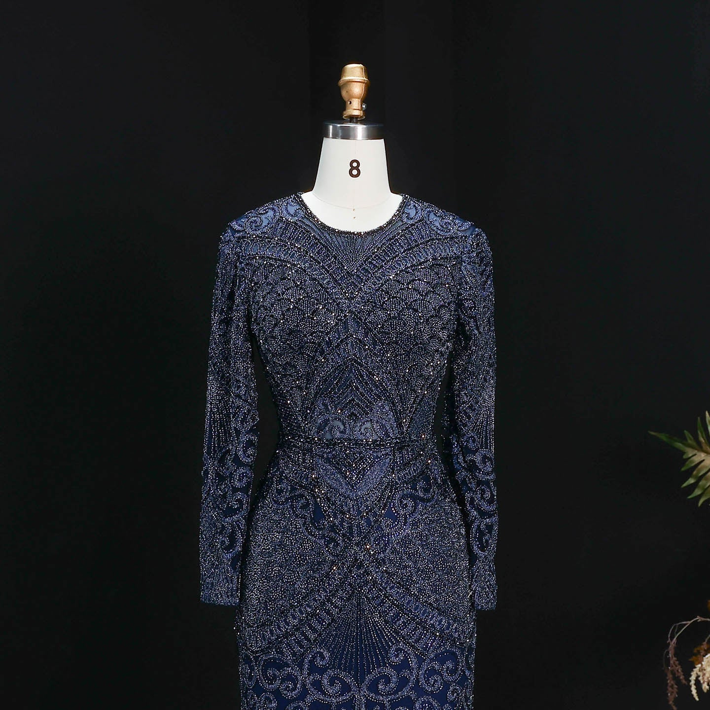 Luxury Dark Green Long Sleeve Beaded Mermaid Evening Dress SS056