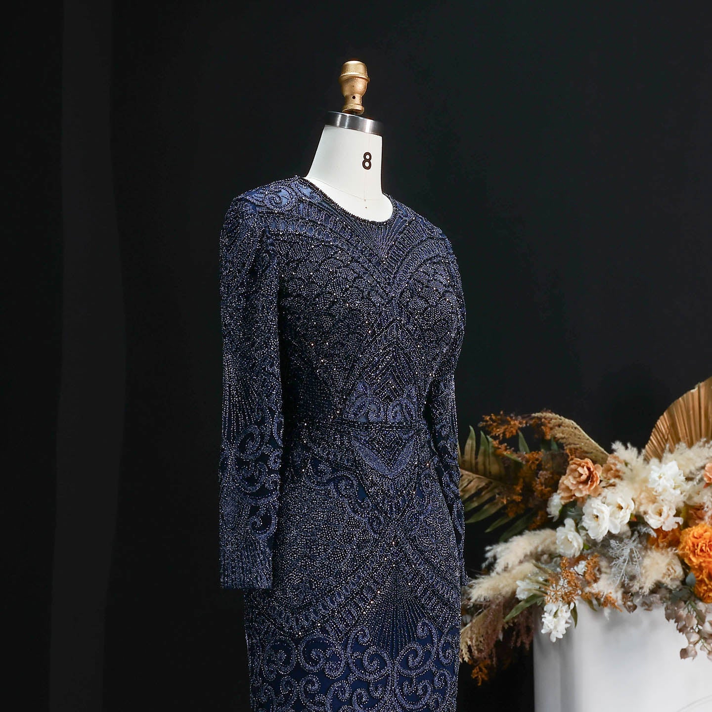 Luxury Dark Green Long Sleeve Beaded Mermaid Evening Dress SS056
