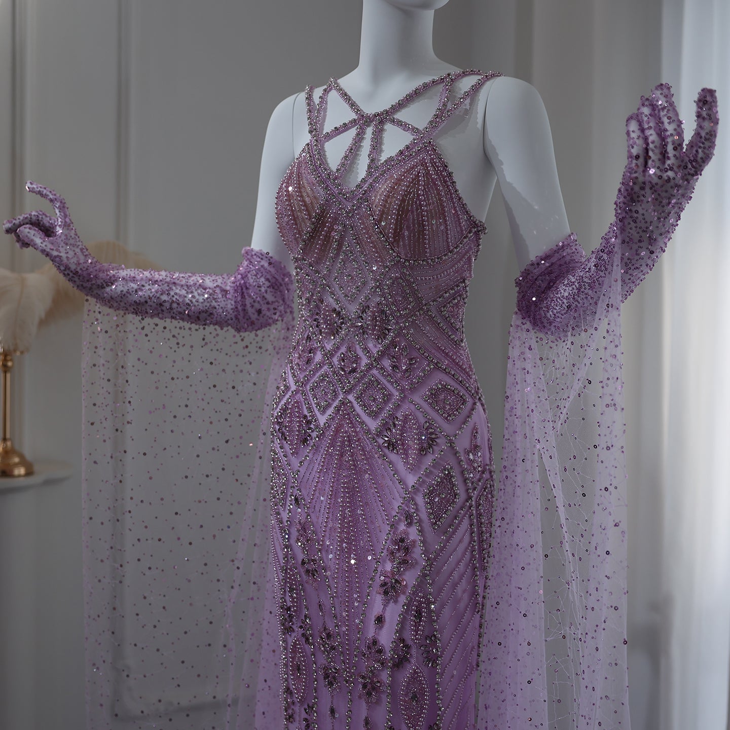Luxury Beaded Lilac Long Straight Evening Dress with Gloves SS437