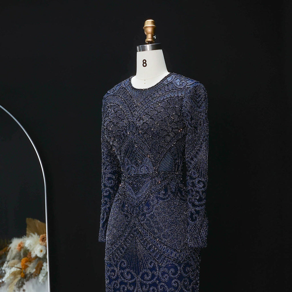 Luxury Dark Green Long Sleeve Beaded Mermaid Evening Dress SS056