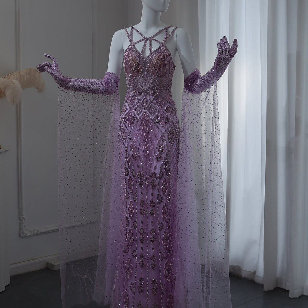 Luxury Beaded Lilac Long Straight Evening Dress with Gloves SS437