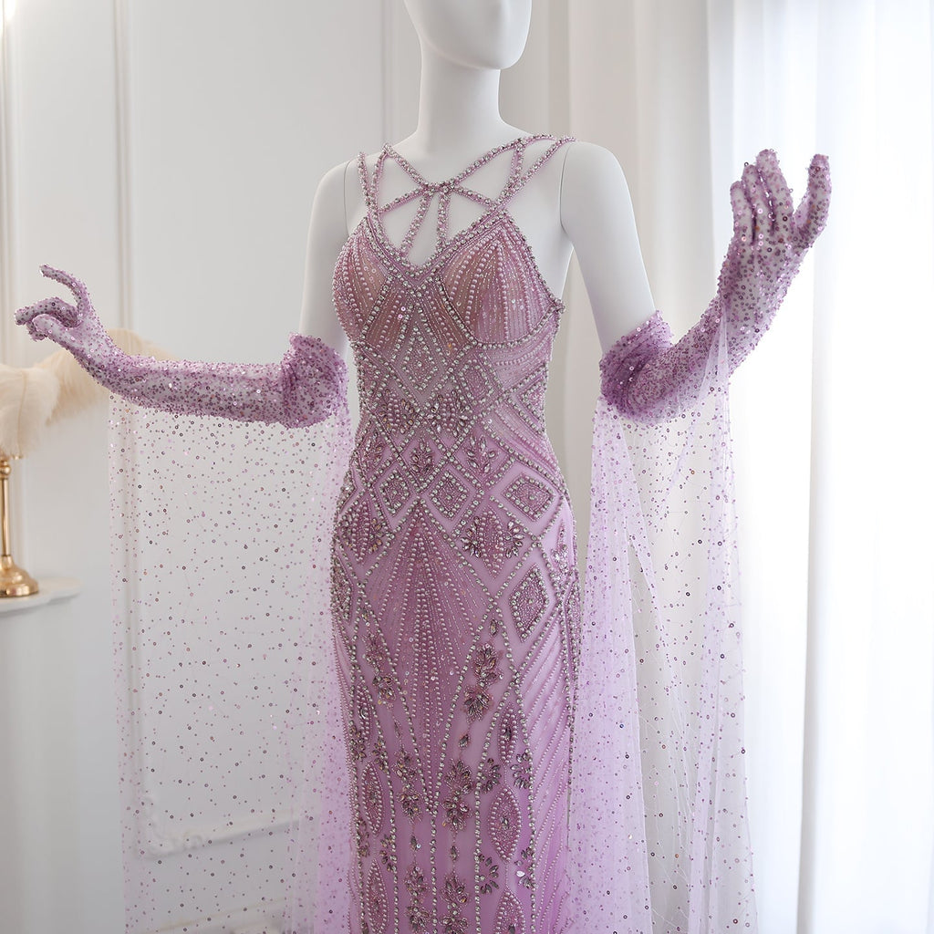 Luxury Beaded Lilac Long Straight Evening Dress with Gloves SS437