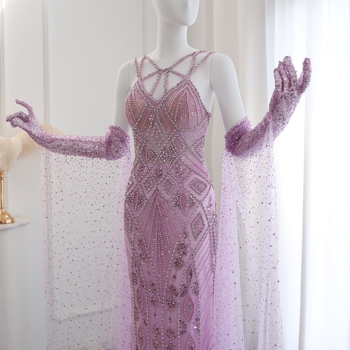 Luxury Beaded Lilac Long Straight Evening Dress with Gloves SS437