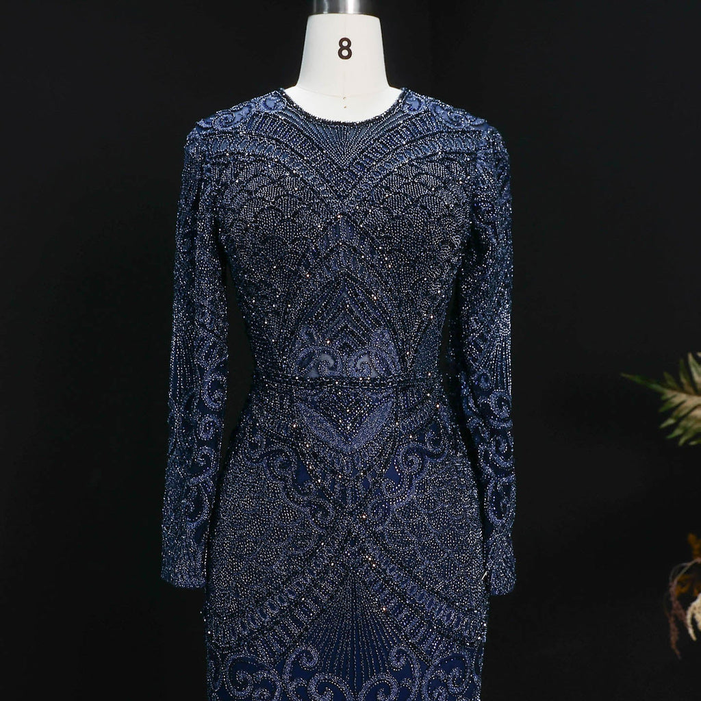 Luxury Dark Green Long Sleeve Beaded Mermaid Evening Dress SS056