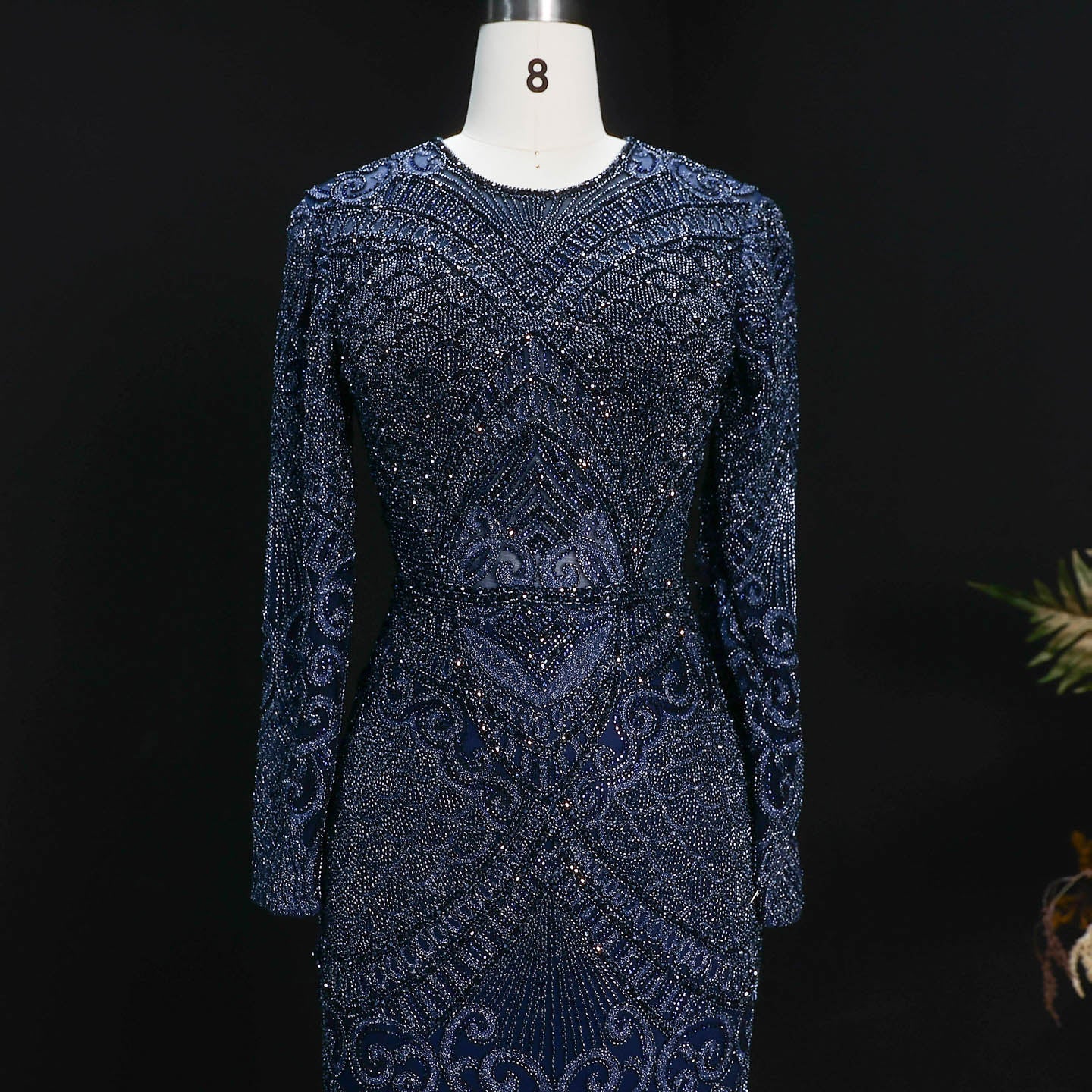 Luxury Dark Green Long Sleeve Beaded Mermaid Evening Dress SS056