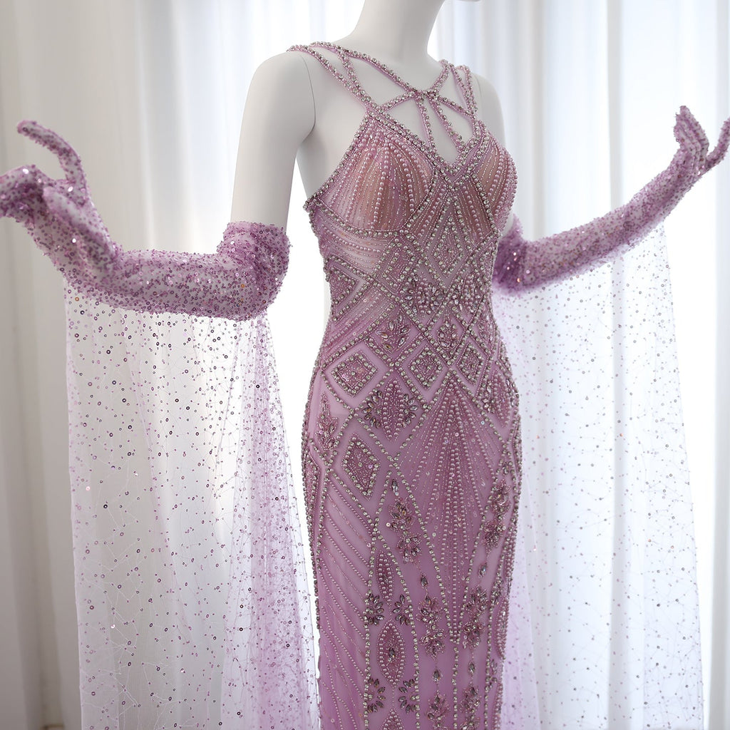 Luxury Beaded Lilac Long Straight Evening Dress with Gloves SS437