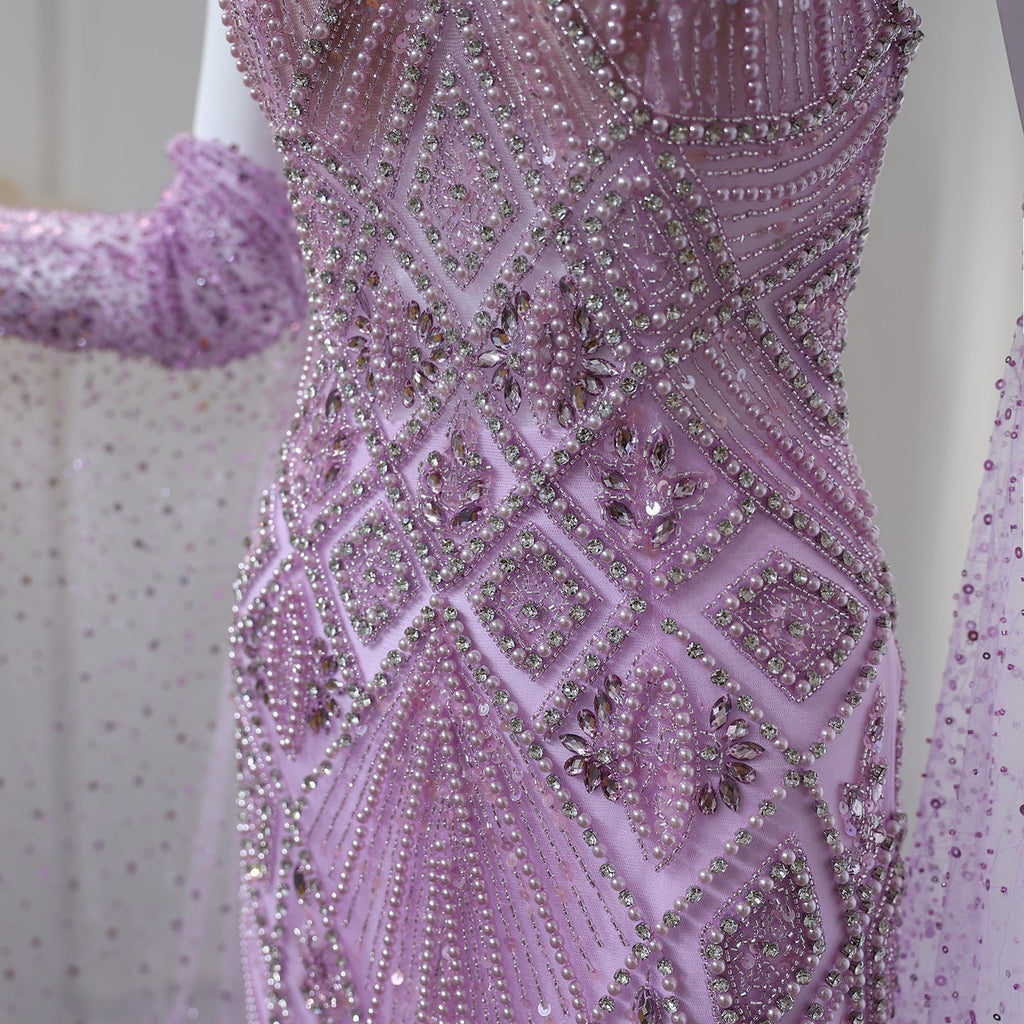 Luxury Beaded Lilac Long Straight Evening Dress with Gloves SS437