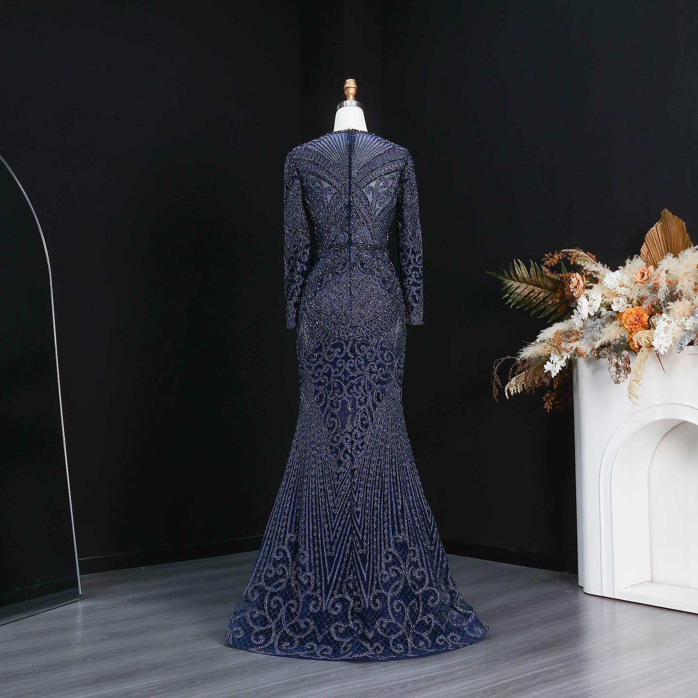 Luxury Dark Green Long Sleeve Beaded Mermaid Evening Dress SS056