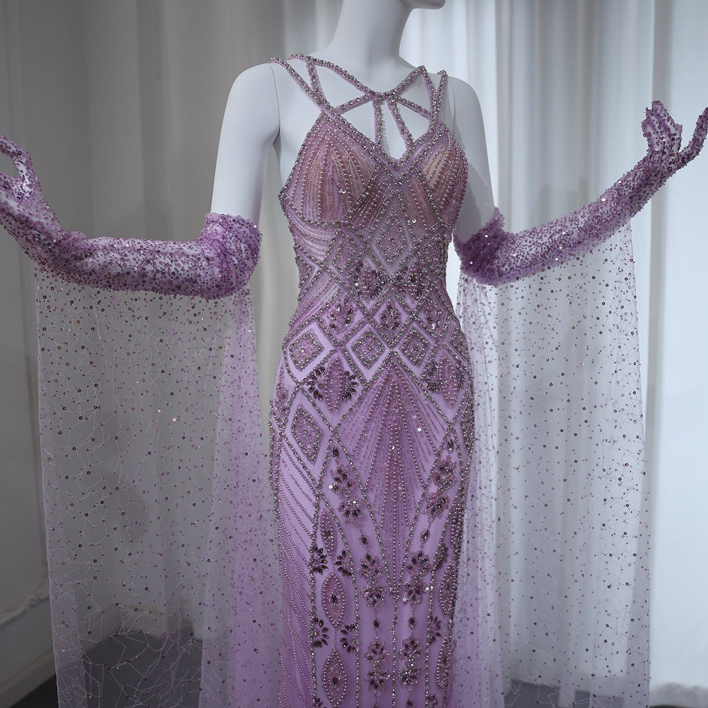 Luxury Beaded Lilac Long Straight Evening Dress with Gloves SS437
