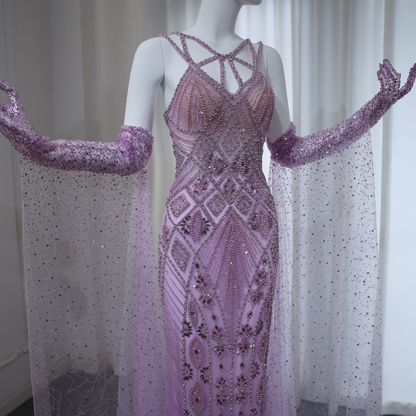 Luxury Beaded Lilac Long Straight Evening Dress with Gloves SS437