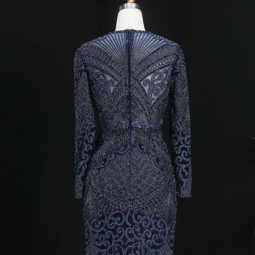 Luxury Dark Green Long Sleeve Beaded Mermaid Evening Dress SS056