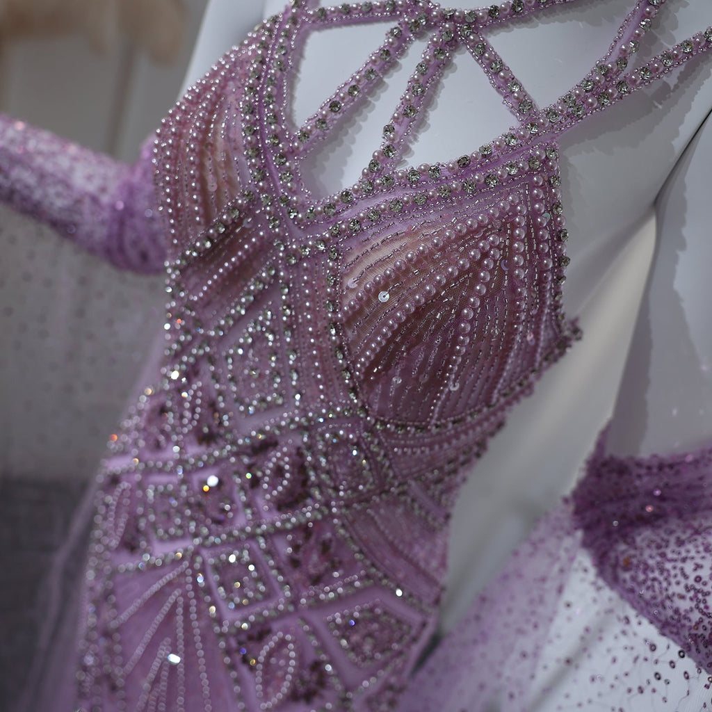 Luxury Beaded Lilac Long Straight Evening Dress with Gloves SS437