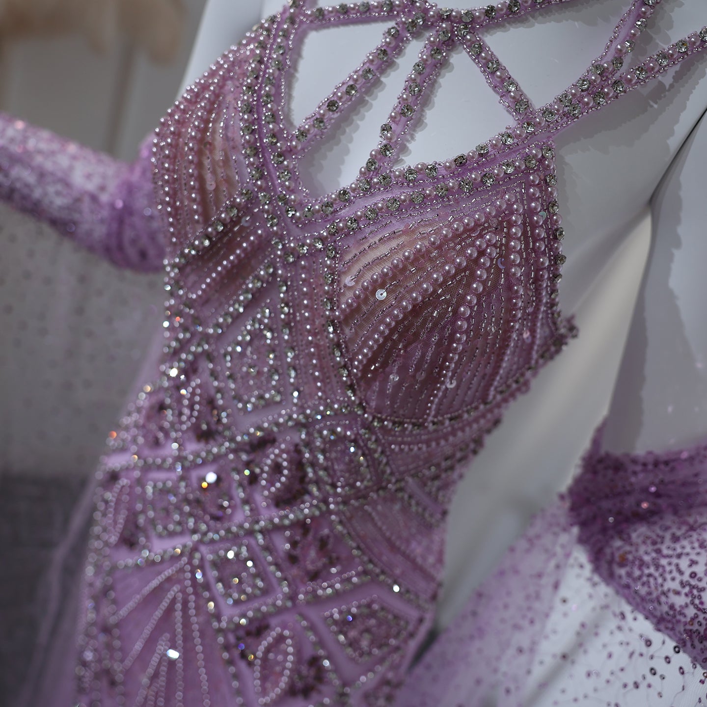 Luxury Beaded Lilac Long Straight Evening Dress with Gloves SS437