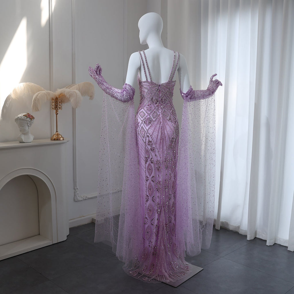 Luxury Beaded Lilac Long Straight Evening Dress with Gloves SS437
