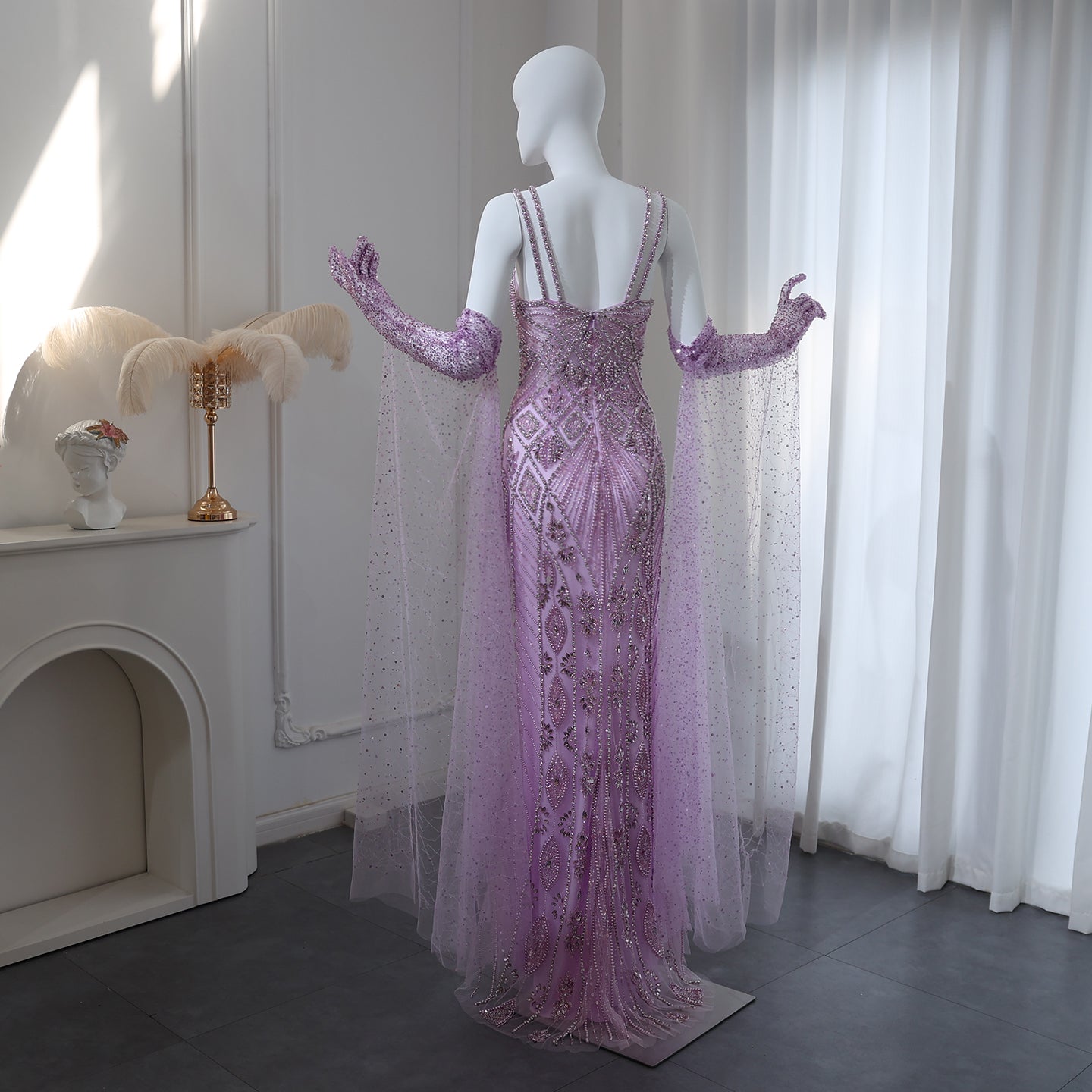 Luxury Beaded Lilac Long Straight Evening Dress with Gloves SS437