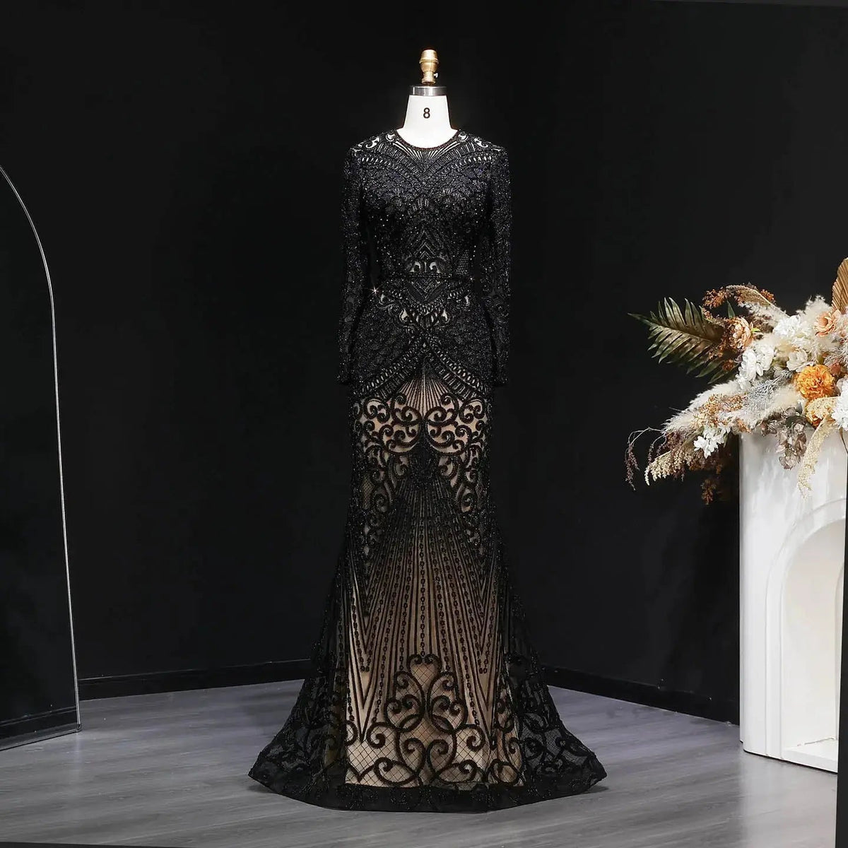 Regal Dark Green Long Sleeve Beaded Mermaid Evening Dress SS056