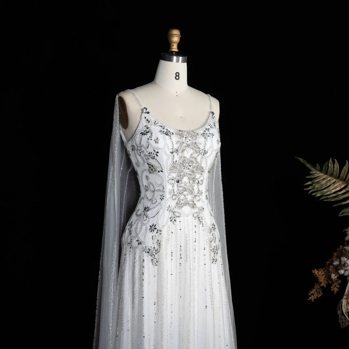 Luxury Champagne Beaded Glitter Sheer Cape Sleeve Mermaid Evening Dress SS538