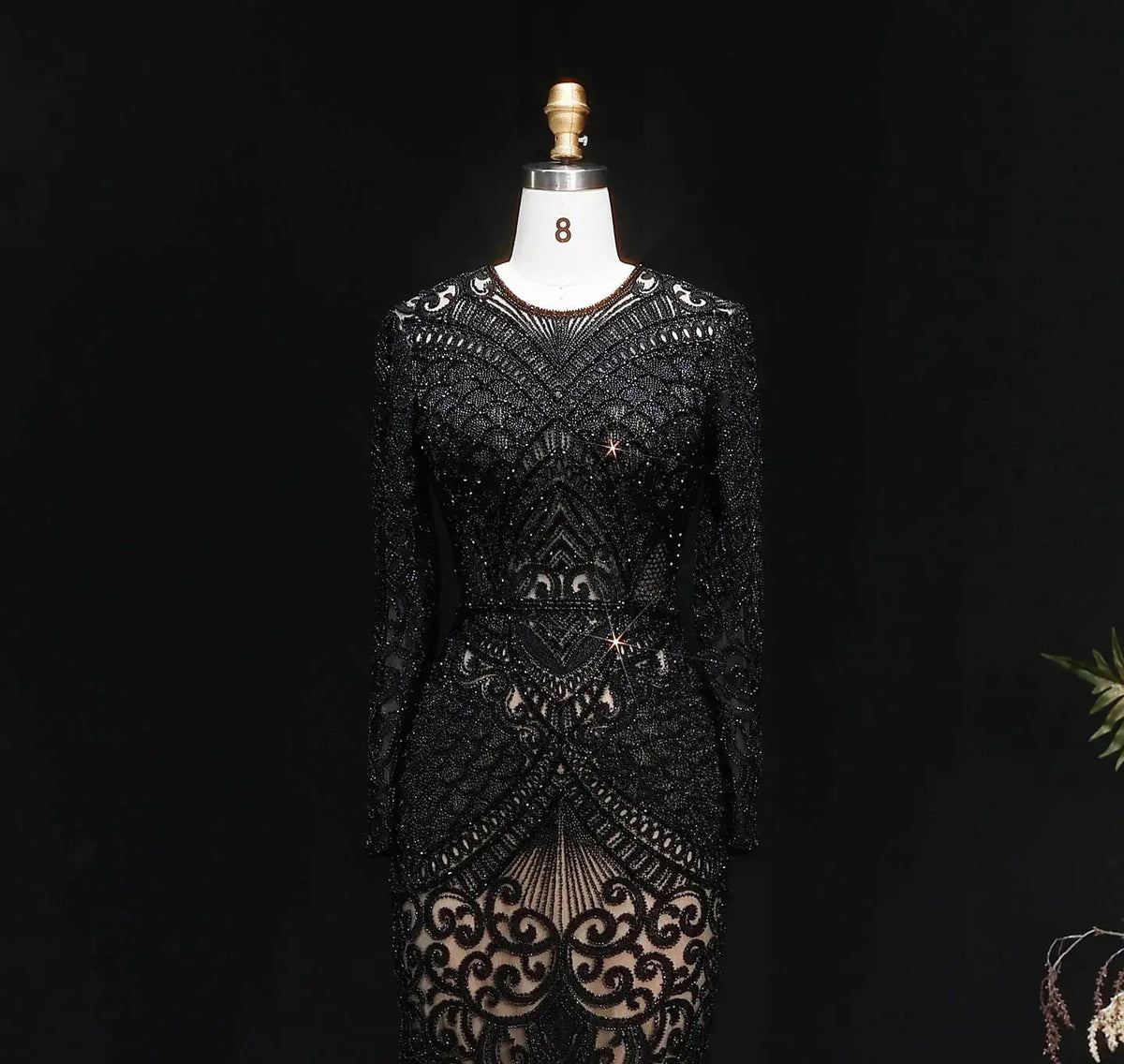 Regal Dark Green Long Sleeve Beaded Mermaid Evening Dress SS056