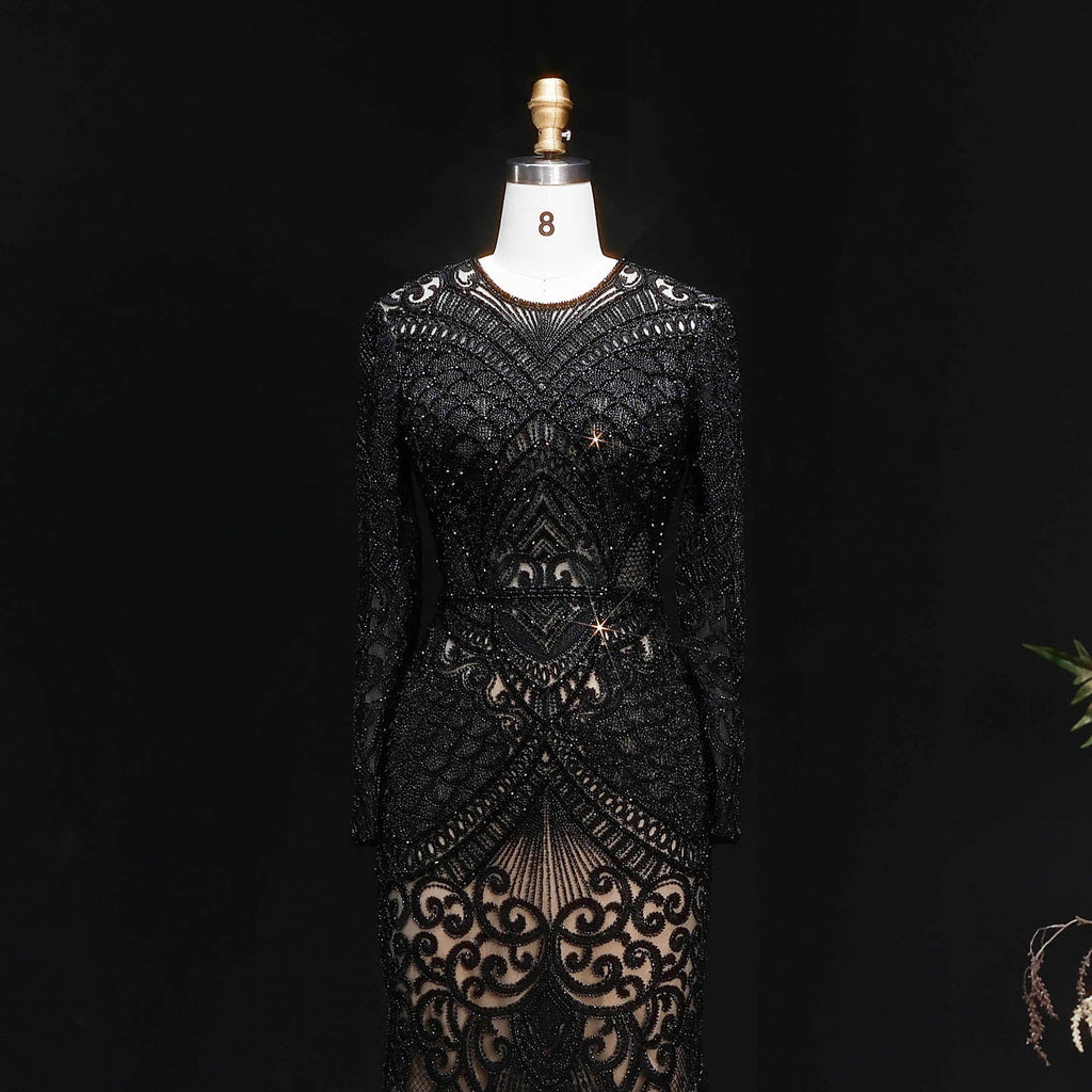 Luxury Dark Green Long Sleeve Beaded Mermaid Evening Dress SS056