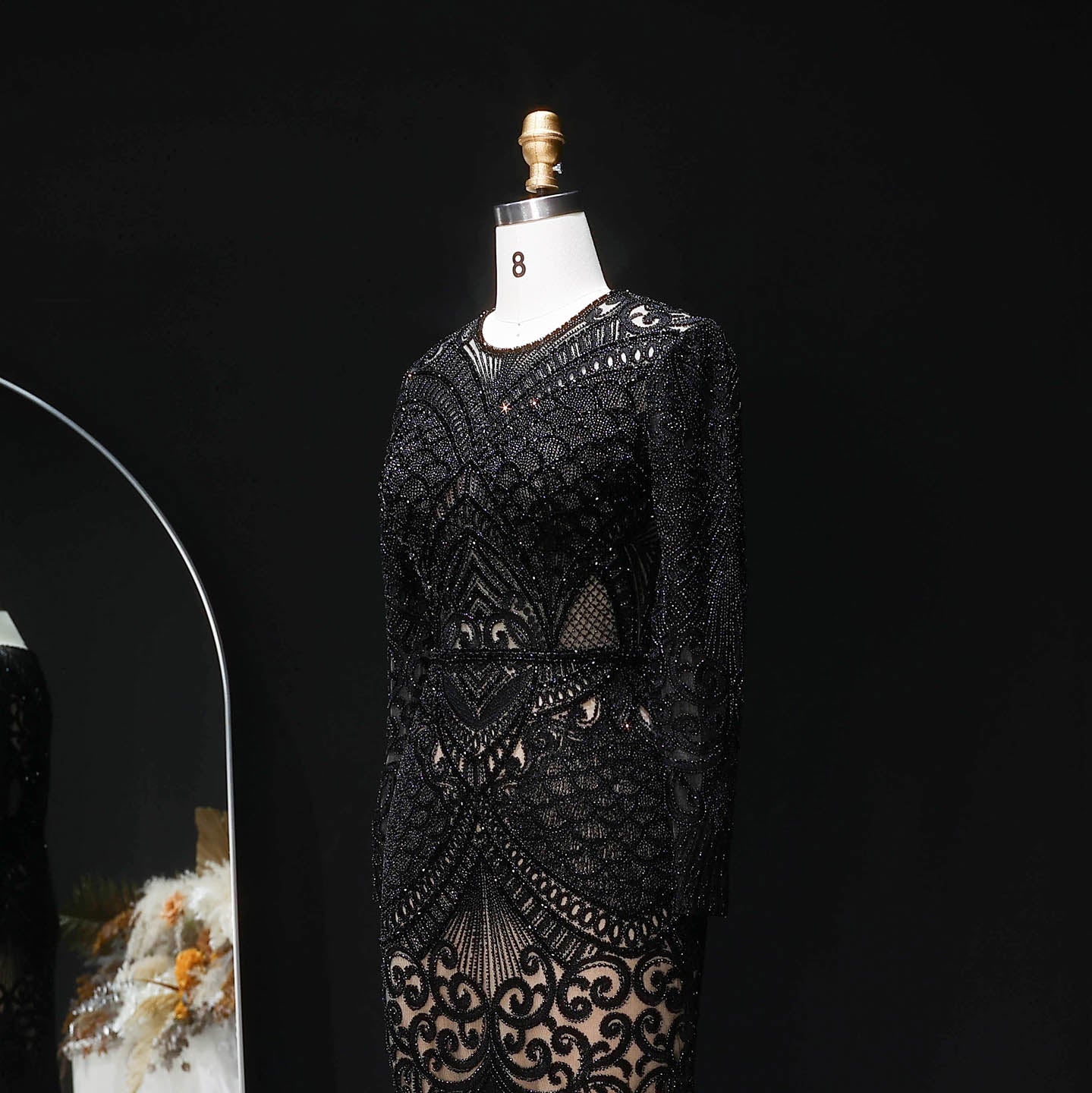 Luxury Dark Green Long Sleeve Beaded Mermaid Evening Dress SS056