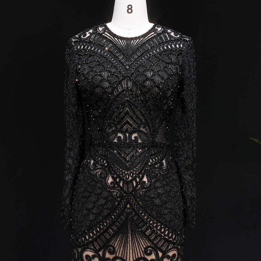 Luxury Dark Green Long Sleeve Beaded Mermaid Evening Dress SS056