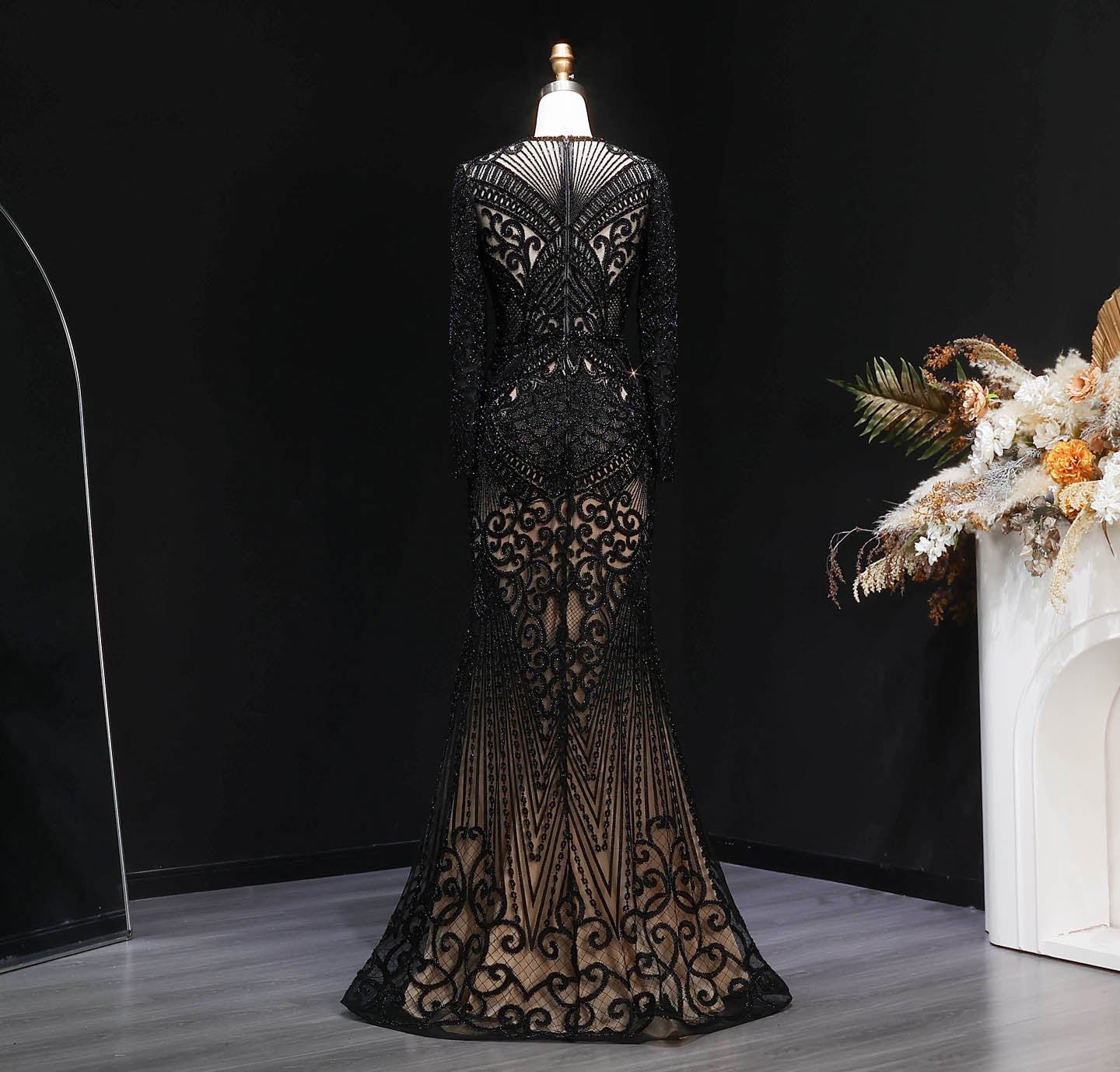 Luxury Dark Green Long Sleeve Beaded Mermaid Evening Dress SS056