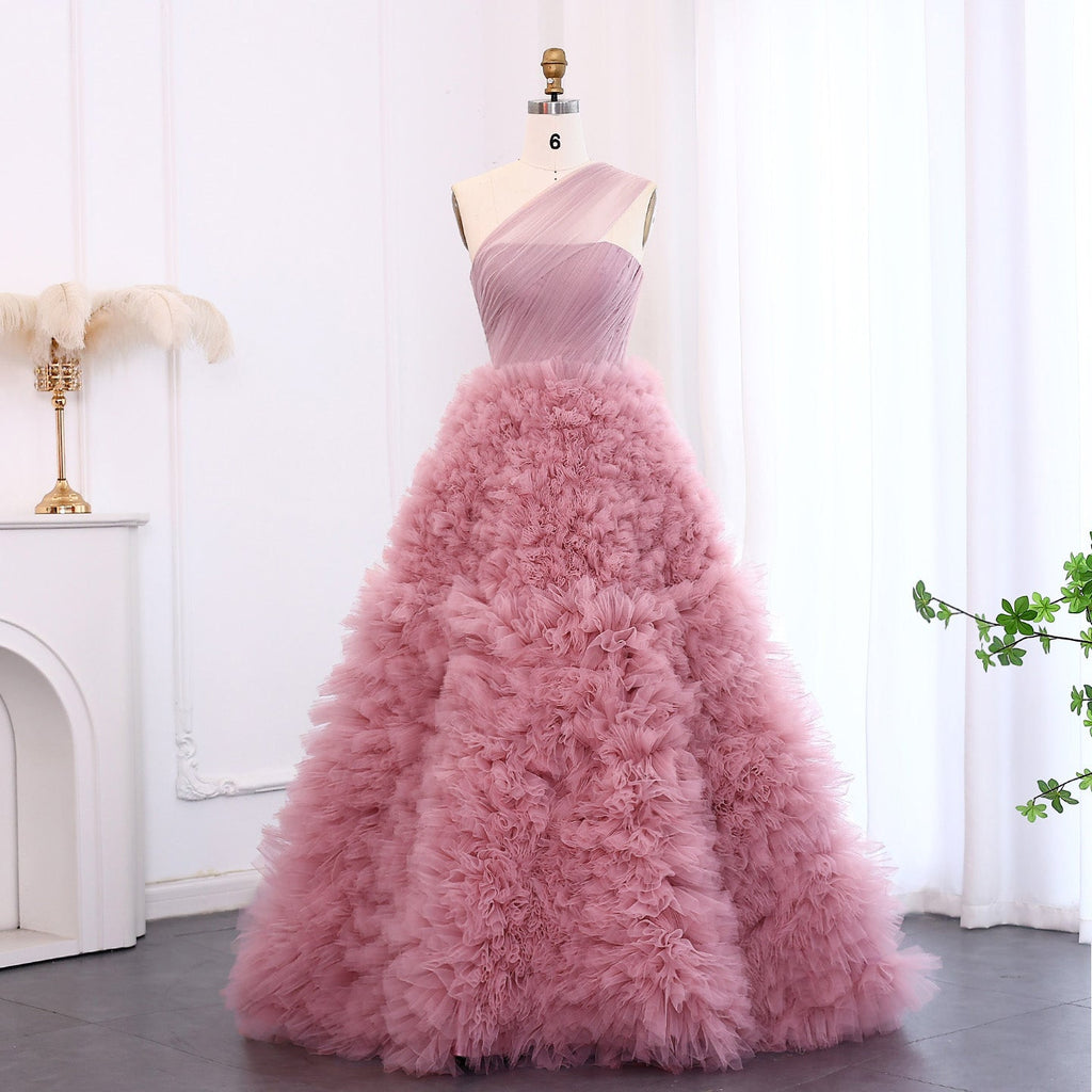Elegant Dusty Pink One Shoulder A-Line Ruffles Evening Dress SF253