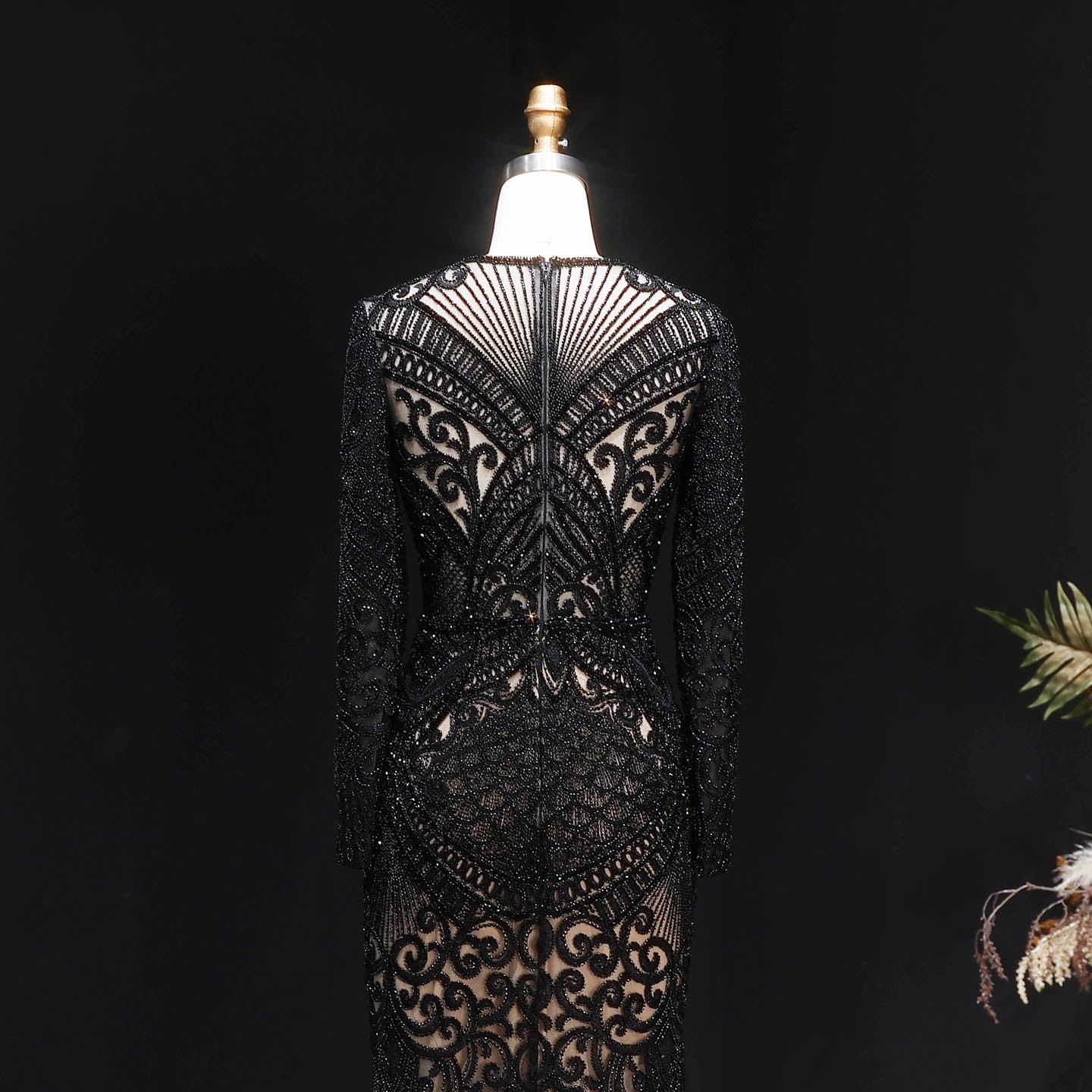 Luxury Dark Green Long Sleeve Beaded Mermaid Evening Dress SS056