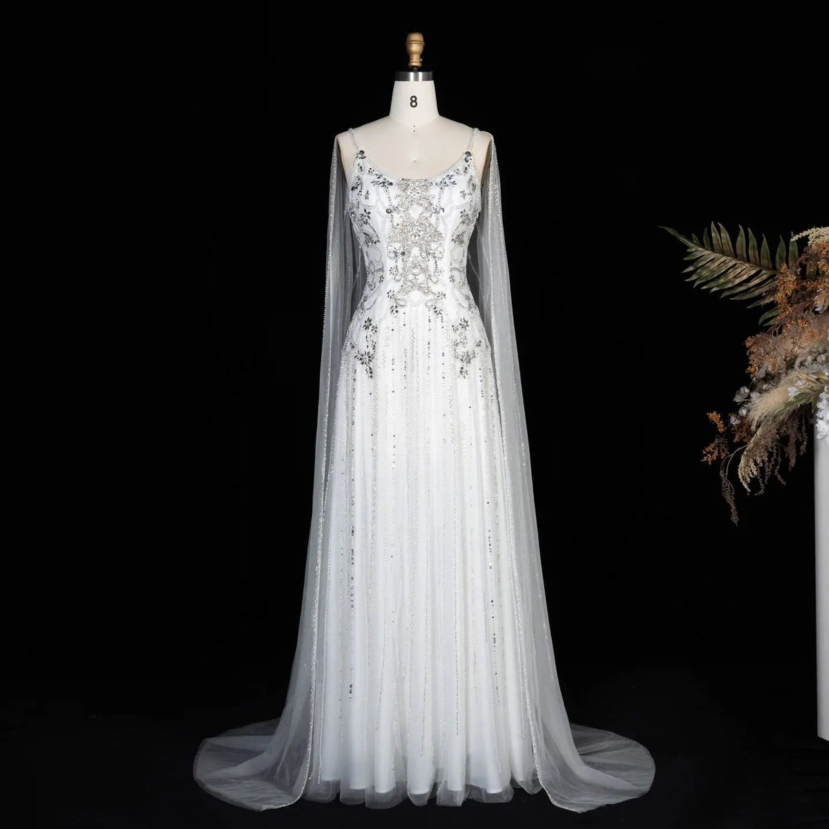 Luxury Champagne Beaded Glitter Sheer Cape Sleeve Mermaid Evening Dress SS538