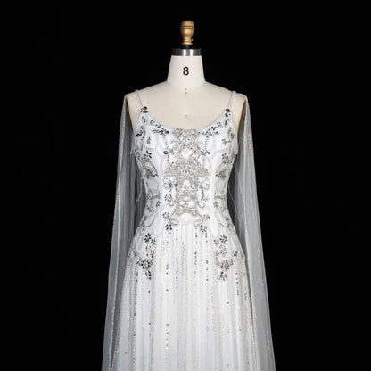 Luxury Champagne Beaded Glitter Sheer Cape Sleeve Mermaid Evening Dress SS538