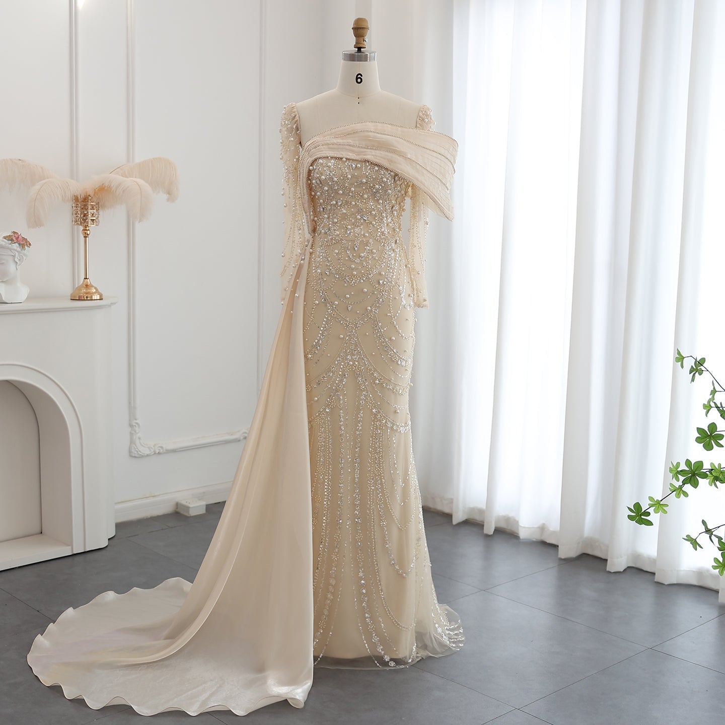 Luxury Nude Crystal Mermaid Long Sleeves Evening Dress with Overskirt SS256