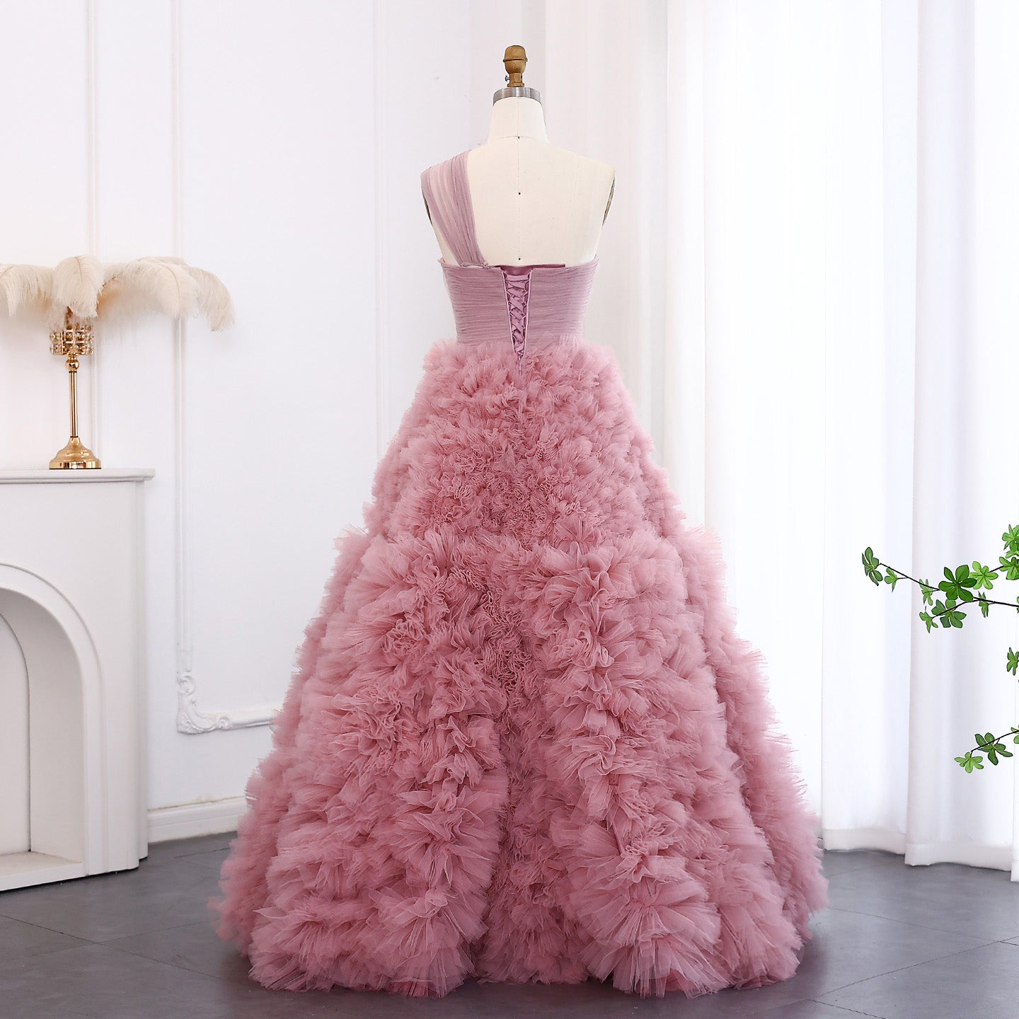 Elegant Dusty Pink One Shoulder A-Line Ruffles Evening Dress SF253