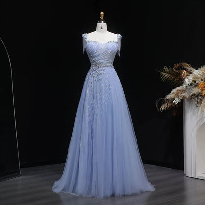 Luxury Blue Tassel Beaded Tulle A-Line Evening Dress SS058