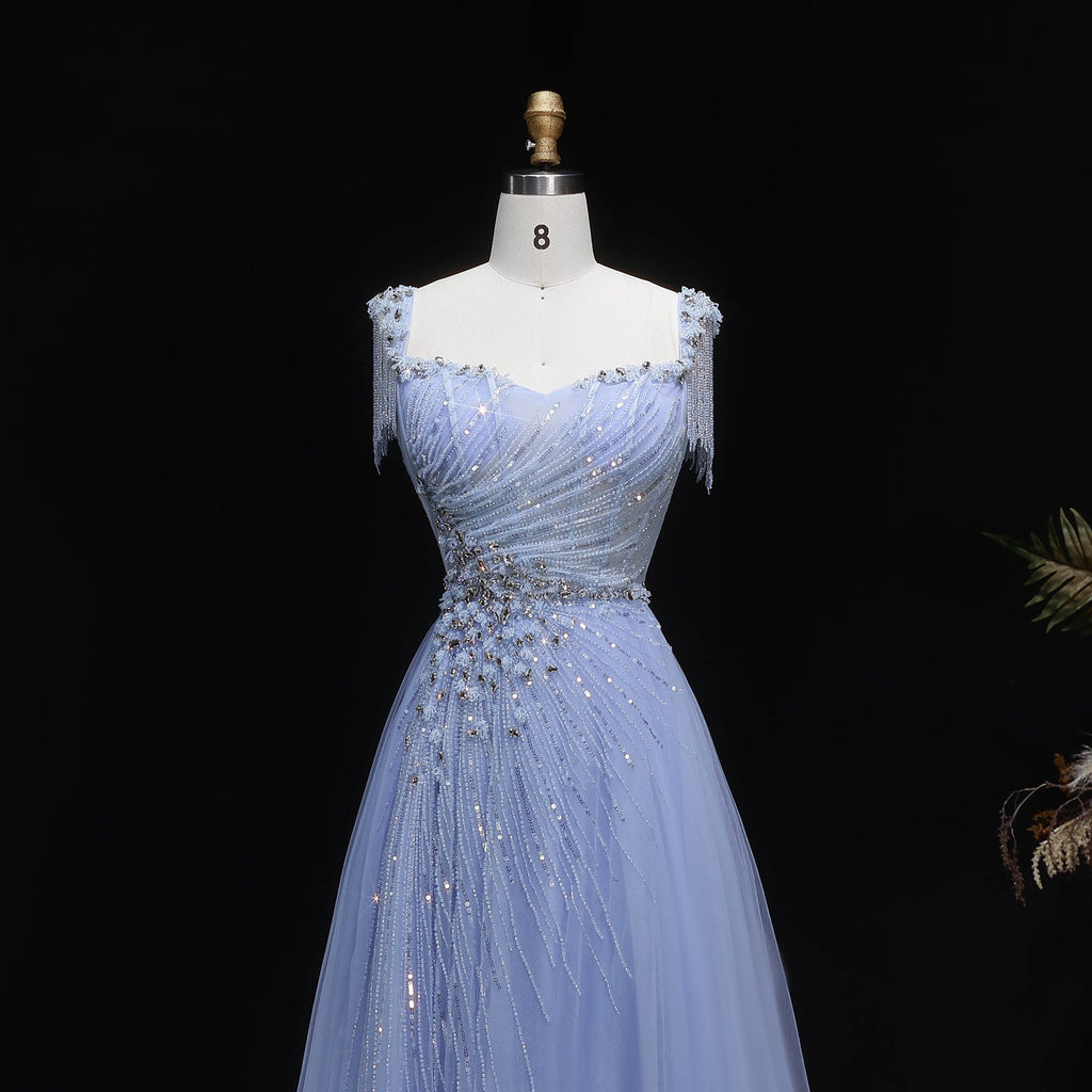 Elegant Blue Beaded Tassel Tulle A-Line Evening Dress SS058