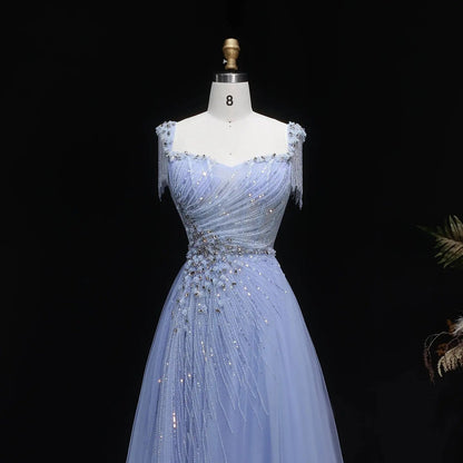 Luxury Blue Tassel Beaded Tulle A-Line Evening Dress SS058