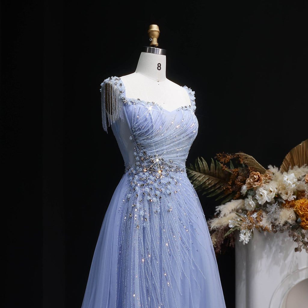 Elegant Blue Beaded Tassel Tulle A-Line Evening Dress SS058