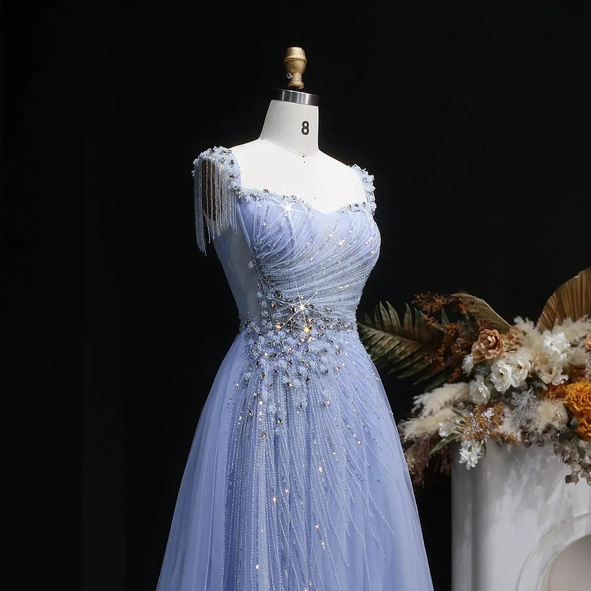 Luxury Blue Tassel Beaded Tulle A-Line Evening Dress SS058