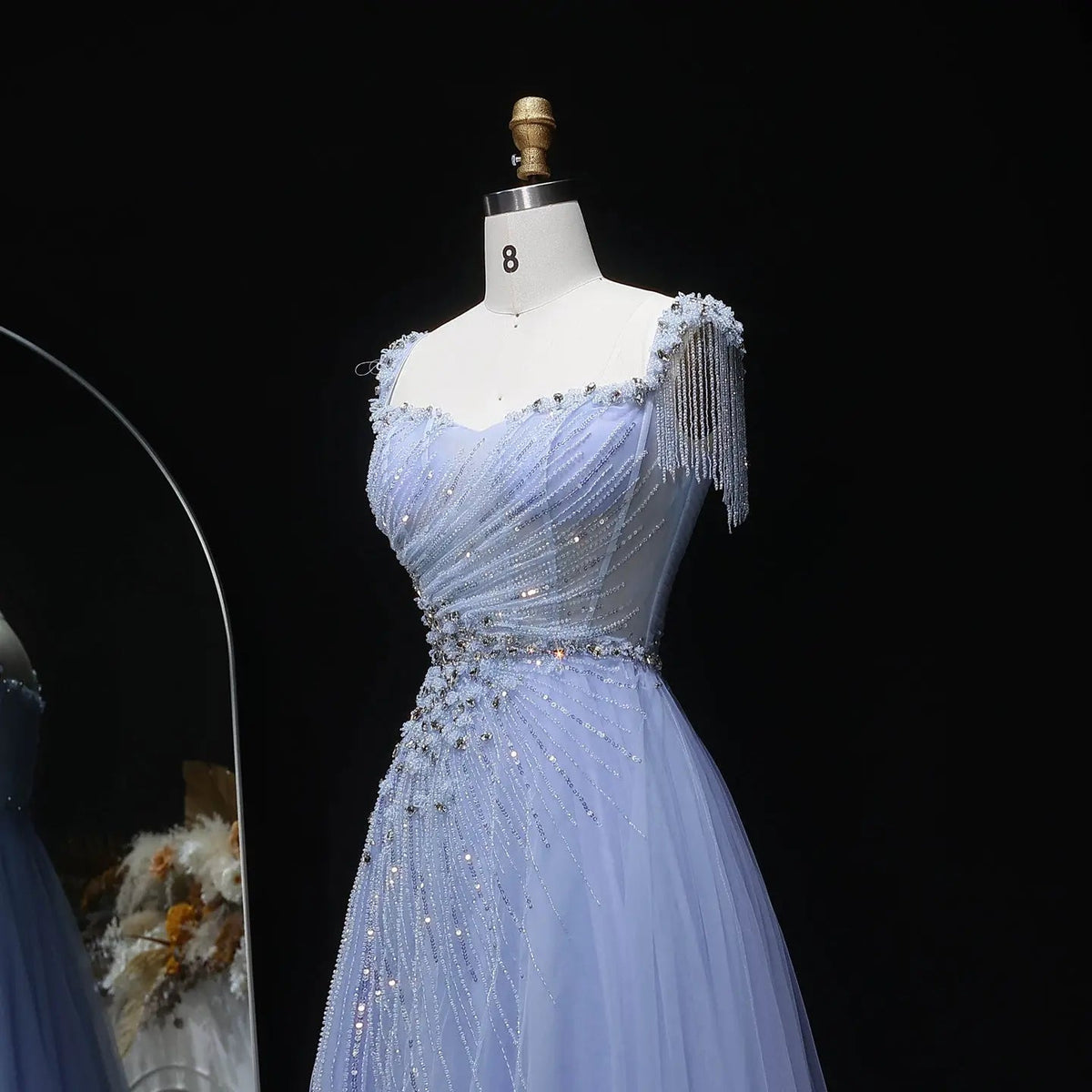 Luxury Blue Tassel Beaded Tulle A-Line Evening Dress SS058