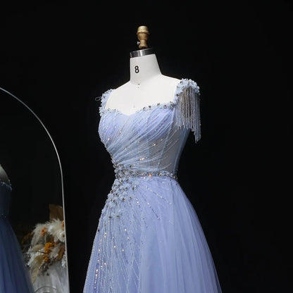 Luxury Blue Tassel Beaded Tulle A-Line Evening Dress SS058