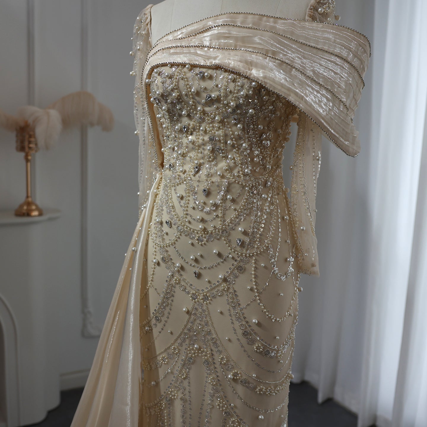 Luxury Nude Crystal Mermaid Long Sleeves Evening Dress with Overskirt SS256