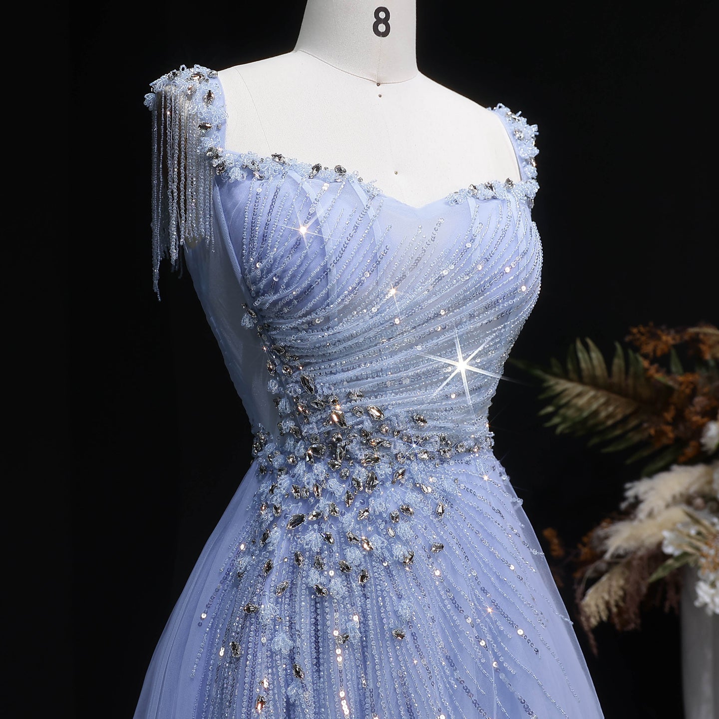 Elegant Blue Beaded Tassel Tulle A-Line Evening Dress SS058