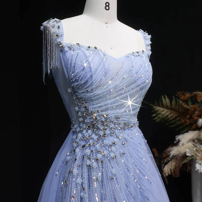 Luxury Blue Tassel Beaded Tulle A-Line Evening Dress SS058