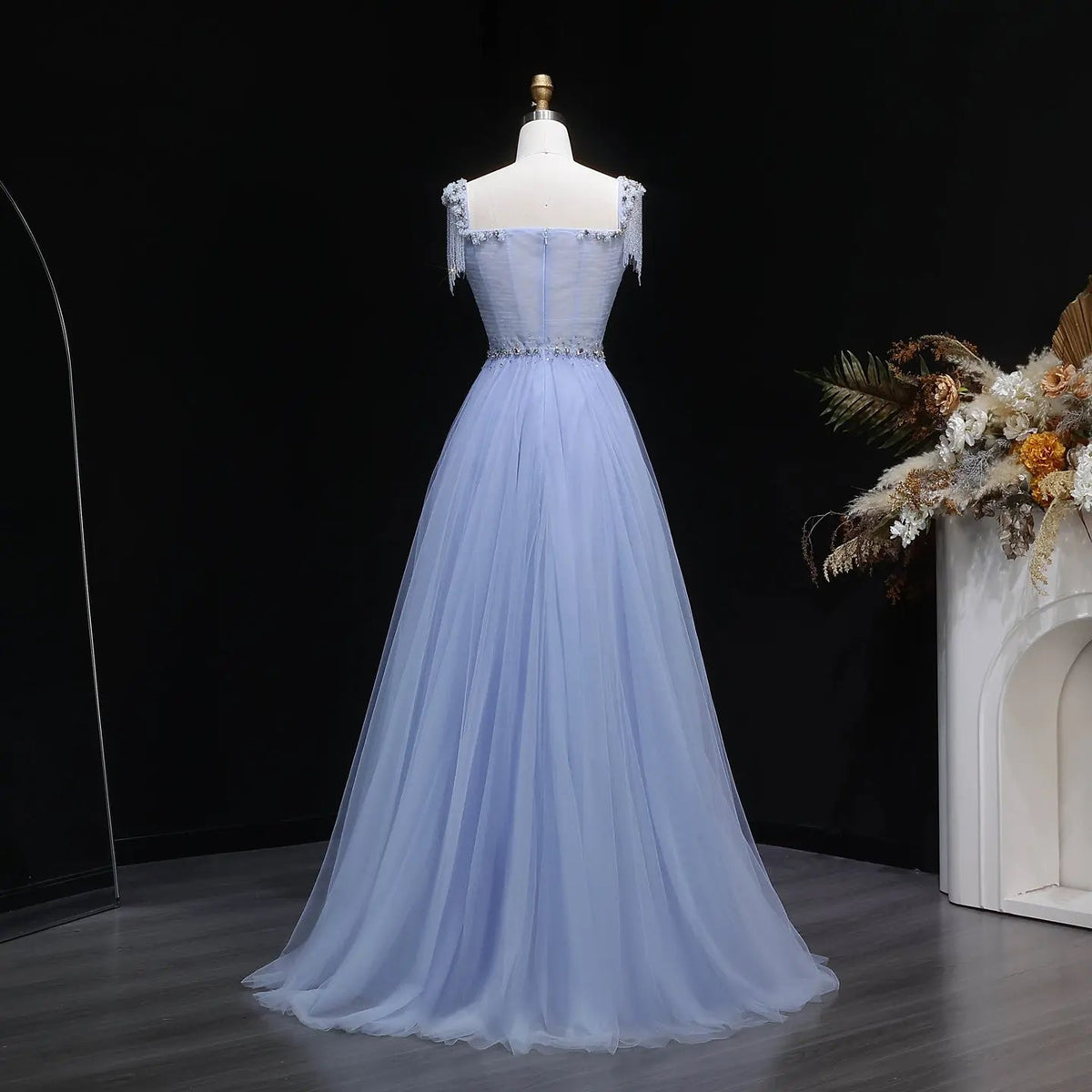 Luxury Blue Tassel Beaded Tulle A-Line Evening Dress SS058