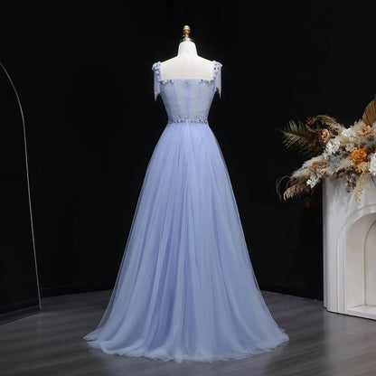 Luxury Blue Tassel Beaded Tulle A-Line Evening Dress SS058