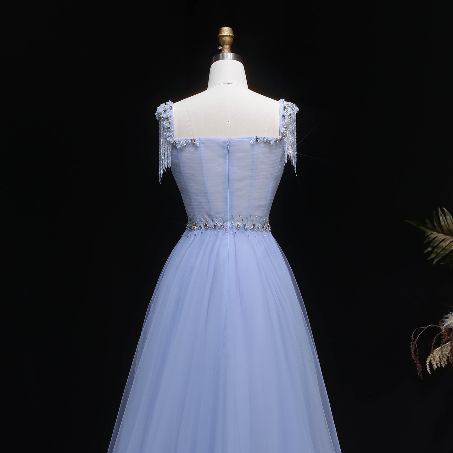 Elegant Blue Beaded Tassel Tulle A-Line Evening Dress SS058