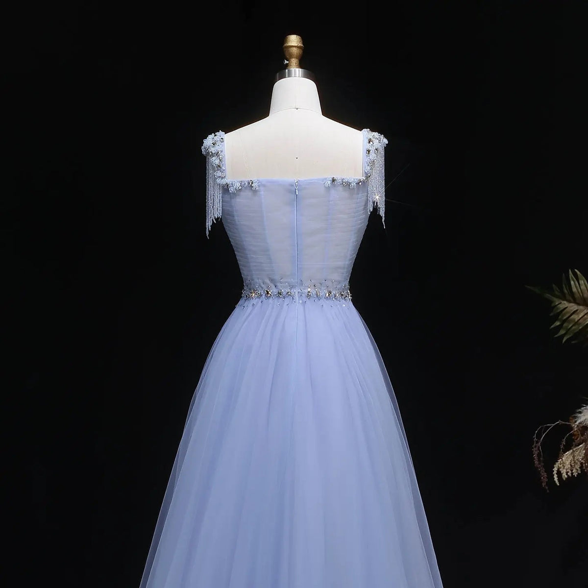 Luxury Blue Tassel Beaded Tulle A-Line Evening Dress SS058