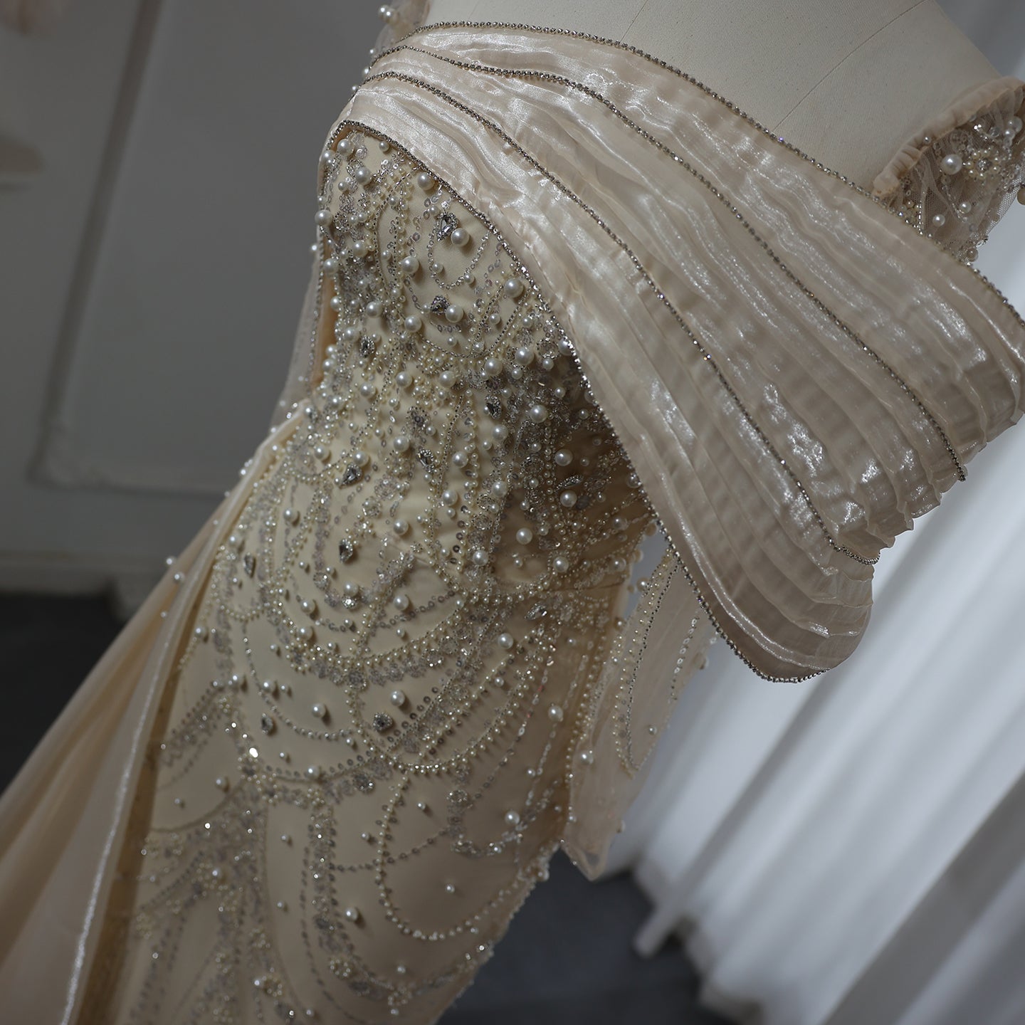 Luxury Nude Crystal Mermaid Long Sleeves Evening Dress with Overskirt SS256